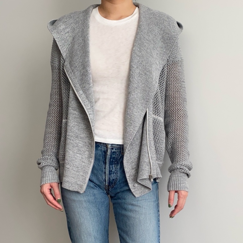 White + Warren cotton knit zip cardigan hoodie light heather grey